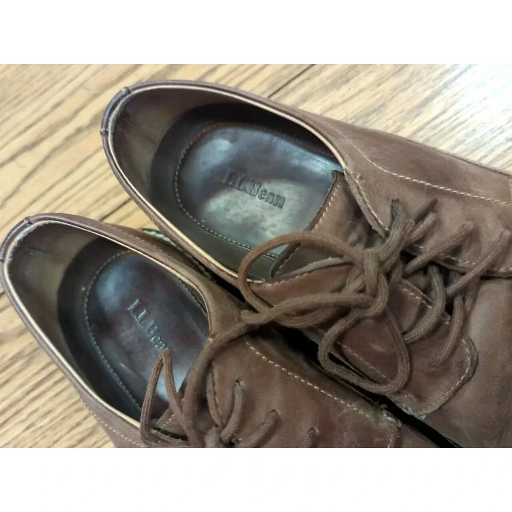 LL Bean Brown Leather Loafer Men's US 10.5 D Lace‎ Up Oxford Distressed Shoes